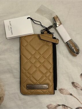 NWT Kurt Geiger Quilted Leather Card Wallet with Strap - Camel Tan